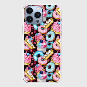 Чехол для iPhone 13 Pro Max с принтом Узор из сладостей на черном фоне ,  |  | Тематика изображения на принте: donuts | акварель | вкусные | вкусный | десерты | донатс | капкейки | пончики | сладкое | сладости | съедобные | темный | черный