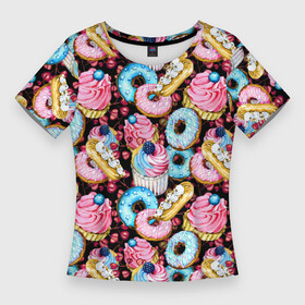 Женская футболка 3D Slim с принтом Узор из сладостей на черном фоне ,  |  | Тематика изображения на принте: donuts | акварель | вкусные | вкусный | десерты | донатс | капкейки | пончики | сладкое | сладости | съедобные | темный | черный