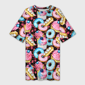 Платье-футболка 3D с принтом Узор из сладостей на черном фоне ,  |  | donuts | акварель | вкусные | вкусный | десерты | донатс | капкейки | пончики | сладкое | сладости | съедобные | темный | черный