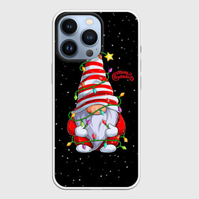 Чехол для iPhone 13 Pro с принтом Новогодний Гном с гирляндой   Gnome and Christmas lights ,  |  | christmas | dwarf | gnom | гирлянда | гном | лампочка | новый год | огоньки | рождество