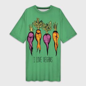 Платье-футболка 3D с принтом I love vegans ,  |  | beets | carrots | female legs | i love vegans | scallops | steep hips | женские ноги | крутые бёдра | морковка | свекла | сксуальная | я люблю веганов