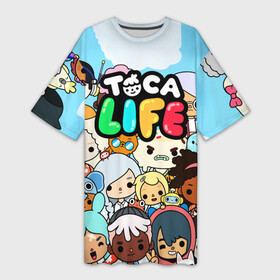 Платье-футболка 3D с принтом Toca LIFE персонажи ,  |  | Тематика изображения на принте: toca boca | toca life | детская игра | игра | лого | логотип | персонажи | прикоснуться ко рту | тока бока
