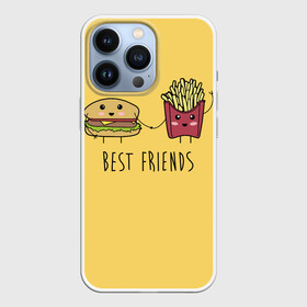 Чехол для iPhone 13 Pro с принтом Hamburger and fries are best friends ,  |  | Тематика изображения на принте: cartoon characters | holding hands | гамбургер | держаться за руки | картошка фри | лучшие друзья | мультяшные герои