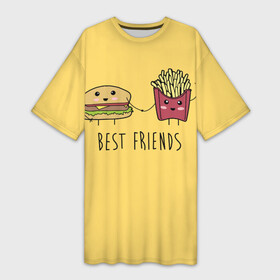 Платье-футболка 3D с принтом Hamburger and fries are best friends ,  |  | cartoon characters | holding hands | гамбургер | держаться за руки | картошка фри | лучшие друзья | мультяшные герои