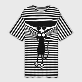 Платье-футболка 3D с принтом Кот рвет тельняшку ,  |  | cat | hung | mad cat | stripes | tears | vest | бешеный кот | кошка | повис | полосы | рвет | тельняшка