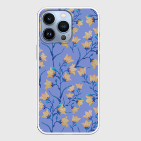 Чехол для iPhone 13 Pro с принтом Желтые колокольчики на голубом фоне ,  |  | 8 марта | bells | bud | flowers | leaves | ботаническая иллюстрация | бутон | весна | желтый | колокольчики | лето | листья | праздник | природа | растения | цветы