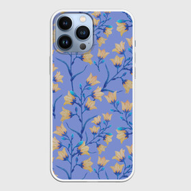 Чехол для iPhone 13 Pro Max с принтом Желтые колокольчики на голубом фоне ,  |  | 8 марта | bells | bud | flowers | leaves | ботаническая иллюстрация | бутон | весна | желтый | колокольчики | лето | листья | праздник | природа | растения | цветы