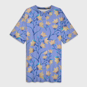 Платье-футболка 3D с принтом Желтые колокольчики на голубом фоне ,  |  | 8 марта | bells | bud | flowers | leaves | ботаническая иллюстрация | бутон | весна | желтый | колокольчики | лето | листья | праздник | природа | растения | цветы