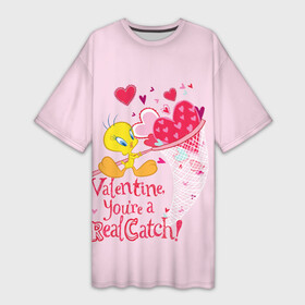 Платье-футболка 3D с принтом Valentine You re a Real Catch ,  |  | 14 февраля | looney tunes | statwb | tweetty | valentine | valentines | валентин | влюблён | влюблённые | день валентина | день влюблённых | луни | любвоная | любовь | мульт | мультики | мультфильм | св валентин | твитти