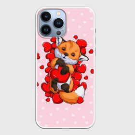 Чехол для iPhone 13 Pro Max с принтом Лисенок с сердечками   Little fox and hearts ,  |  | Тематика изображения на принте: fox | hearts | love | valentines | valentines day | валентинка | влюбленный | день святого валентина | забавный | лиса | лисенок | любовь | милый | сердечко | сердце