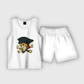 Детская пижама с шортами хлопок с принтом Skull Cap ,  |  | bone | bones | jolly roger | pirat | roger | skull | smile | веселый роджер | капитан | кости | кричащие черепа | пиратский | пираты | роджер | треуголка | улыбка | череп