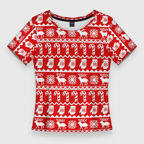 Женская футболка 3D Slim с принтом Новогодний принт с оленями, снежинками, варежками и леденцами ,  |  | варежки | зима | зимний | красный | леденцы | новогодний | новый год | олени | орнамент | снежинки | узор