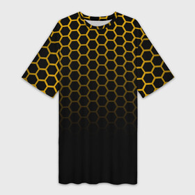 Платье-футболка 3D с принтом Неоновая кольчуга  Gold neon ,  |  | geometry | gold | neon | геометрия | железный | желтый | золотая | золото | кольчуга | мед | медовый | неон | неоновый | половина | пчела | соты | черный