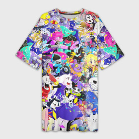 Платье-футболка 3D с принтом UNDERTALE PATTERN HEROES, ВСЕ ГЕРОИ ИГРЫ ,  |  | asriel dreemurr | chara | frisk | gaster blaster | heart | sans | undertale | азриэль дримурр | андертейл | гастер | меттатон | санс | сердце | фриск | чара