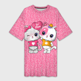 Платье-футболка 3D с принтом Котята с шариком ,  |  | cat | hearts | love | valentines | valentines day | валентинка | влюбленный | день святого валентина | кот | котенок | кошка | любовь | сердечко | сердце | шарик