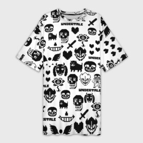 Платье-футболка 3D с принтом UNDERTALE WHITE PATTERN ,  |  | asriel dreemurr | chara | frisk | gaster blaster | heart | sans | undertale | азриэль дримурр | андертейл | гастер | меттатон | санс | сердце | фриск | чара