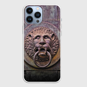 Чехол для iPhone 13 Pro Max с принтом Lion gate ,  |  | ears | eyes | fangs | gate | jaw | lion | mane | metal | muzzle | ворота | грива | клыки | лев | металл | пасть | уши