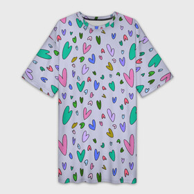 Платье-футболка 3D с принтом Сиреневые сердечки ,  |  | зелёные сердечки | пастельные цвета | пижама в сердечках | разноцветные сердечки | розовые сердечки | сердечки | сиреневые сердечки