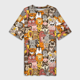 Платье-футболка 3D с принтом Зоопарк (разные звери) ,  |  | Тематика изображения на принте: animals | safari | zoo | дикая природа | дикие животные | животные | жираф | звери | зебра | зоопарк | лев | сафари | следы от лап | слон