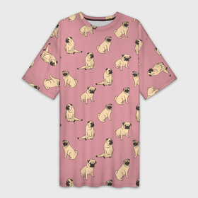 Платье-футболка 3D с принтом Мопсы паттерн ,  |  | pug | декоративные породы | китайская порода | мопс | мопсы | паттерн | пепельно розовый | приглушенные цвета | собака | собачка