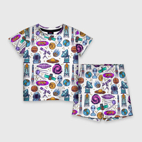 Детский костюм с шортами 3D с принтом космическая графика ,  |  | cosmos | астрономия | вселенная | галактика | звезды | инопланетяне | космос | нло