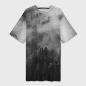 Платье-футболка 3D с принтом ТУМАН НАД ЛЕСОМ. МРАЧНО ,  |  | forest | деревья | дым | лес | мрачный лес | природа | туман | туманный лес