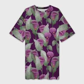 Платье-футболка 3D с принтом Фиолетовые каллы на темно фиолетовом фоне ,  |  | 8 марта | buds | calla lilies | flowers | leaves | бутоны | весна | зеленый | каллы | лето | листья | праздник | природа | растения | фиолетовый | флора | цветы