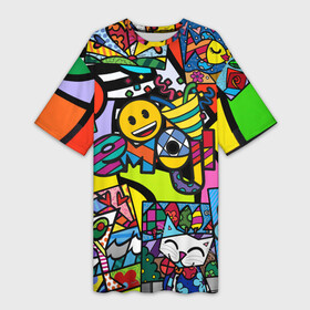 Платье-футболка 3D с принтом Romero Britto  emoji ,  |  | brazilian artist | bright colors | cubism | emoji | emoticons | graffiti | pop art | romero britto | бразильский художник | граффити | кубизм | ромеро бритто | смайлики | эмодзи | яркие цвета