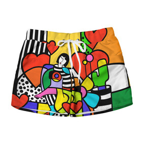 Женские шорты 3D с принтом Romero Britto   valentines day , 100% полиэстер | прямой крой, два кармана без застежек по бокам. Мягкая трикотажная резинка на поясе, внутри которой широкие завязки. Длина до середины бедра | brazilian artist | bright colors | cubism | emoji | girl | hearts | love | pop art | romero britto | valentines day | бразильский художник | девушка | день святого валентина | кубизм | любовь | ромеро бритто | сердца | эмодзи | 