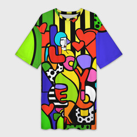 Платье-футболка 3D с принтом Romero Britto  love you. ,  |  | brazilian artist | bright colors | cubism | emoji | girl | hearts | love | love you | pop art | romero britto | valentines day | бразильский художник | девушка | день святого валентина | кубизм | люблю тебя | любовь | ромеро бри