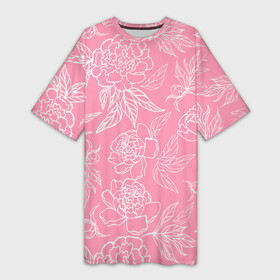 Платье-футболка 3D с принтом Пион. Розовое поле ,  |  | белый контур | детский | женский принт | лето | нежный | паттерн | пион | растения | роза | розовый | узор | цветочное поле | цветы