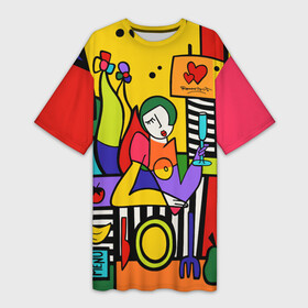 Платье-футболка 3D с принтом Girl with a glass ,  |  | brazilian artist | bright colors | cubism | emoji | graffiti | heart | pop art | romero britto | бразильский художник | граффити | девушка с бакалом | день святого валентина | кубизм | любовь | ромеро бритто 