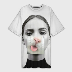 Платье-футболка 3D с принтом Девушка с кошачьим язычком ,  |  | Тематика изображения на принте: cat | арт | женщина кошка | котик | кошка | красивая девушка | лицо девушки | язык