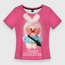 Женская футболка 3D Slim с принтом Duck Lalafan утёнок Лалафанфан ,  |  | duck | korean | lalafanfan | rosy cheeks | soft | toy | игрушка | корейская | круглые очки | лалафан | лалафанфан | мягкая | розовые щёки | утка