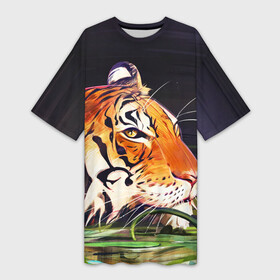 Платье-футболка 3D с принтом Бенгальский Тигр в кустах ,  |  | Тематика изображения на принте: lyon | tiger | tigr | кот | коты | кошка | лев | путь ниндзя | тигр | токио