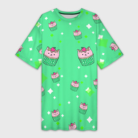 Платье-футболка 3D с принтом Кот капкейк ,  |  | капкейк | киса | кот | котейка | котик | котэ | кошека | кошка | милота | мимими | пирожное | сладости