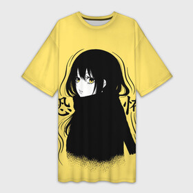 Платье-футболка 3D с принтом Yellow Miko ,  |  | Тематика изображения на принте: anime | chan | mieruko | mierukochan | аниме | аниме девочка видит это | девочка видит | девочка которая видит это | миеруко чан | мико чан | монстры | призраки | ужасы