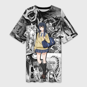 Платье-футболка 3D с принтом Mieruko chan ,  |  | anime | chan | mieruko | mierukochan | аниме | аниме девочка видит это | девочка видит | девочка которая видит это | миеруко чан | мико чан | монстры | призраки | ужасы