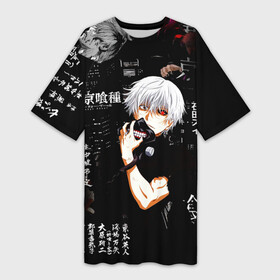 Платье-футболка 3D с принтом Токийский Гуль на фоне Иероглифов  Tokyo Ghoul ,  |  | anime | dead inside | ghoul | japan | kaneki | ken | tokyo | аниме | анимэ | гранж | гуль | дед | иероглифы | инсайд | канеки | кен | молния | мульт | надпись | полосы | потертости | самурай | символ | тамура | токио | узоры | япония