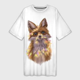 Платье-футболка 3D с принтом Fox with a garland ,  |  | Тематика изображения на принте: fox | гирлянда | животные | лиса | новый год