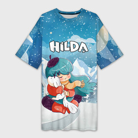 Платье-футболка 3D с принтом Хильда обнимает лисенка мультсериал ,  |  | hilda | netflix | глушь | мультик | мультсериал | мультфильм | нетфликс | синеволосая | синие волосы | хильда