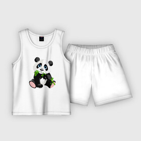 Детская пижама с шортами хлопок с принтом Забавный медвежонок Панда ,  |  | Тематика изображения на принте: bamboo | claws | cutie | ears | eyes | muzzle | nose | panda | paws | teddy bear | бамбук | глаза | когти | лапы | медвежонок | милашка | мордочка | нос | панда