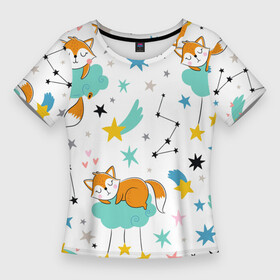 Женская футболка 3D Slim с принтом Спящие лисята ,  |  | doodle | fox | little fox | дудл | звездочки | звезды | лис | лисенок | лисенок на облаке | лисята | милое создание | рисунок лисы | рыжая лиса | спящий лис