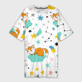Платье-футболка 3D с принтом Спящие лисята ,  |  | doodle | fox | little fox | дудл | звездочки | звезды | лис | лисенок | лисенок на облаке | лисята | милое создание | рисунок лисы | рыжая лиса | спящий лис