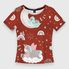 Женская футболка 3D Slim с принтом Единорог на облаке спящий единорог ,  |  | unicorn | единорог | звезды | лошадка | облако | пони | сердечко | спящий едиорог