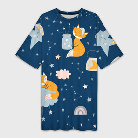 Платье-футболка 3D с принтом Спящий лисенок sleeping fox ,  |  | doodle | dream fox | fox | sleeping fox | дудл | звездочка | звезды | лис | лисенок | лисята | сон | спящие зверята | спящий лисенок