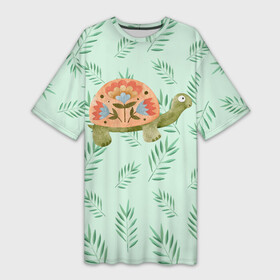 Платье-футболка 3D с принтом Черепашка и листья ,  |  | зелень | лето | листья | черепаха | черепашка