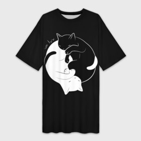 Платье-футболка 3D с принтом Бесконечная любовь  Endless kitty love ,  |  | black | cats | dualism | endless | eternity | evil | good | infinity | kitty | love | white | yang | yin | белое | бесконечная | бесконечность | вечность | добро | дуализм | зло | инь | коты | кошки | любовь | черное | ян