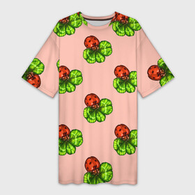 Платье-футболка 3D с принтом Божья коровка и клевер на розовом. ,  |  | Тематика изображения на принте: 4х листник | ladybug | божьи коровки | божья коровка | клевер | на счастье | на удачу | насекомое | насекомые | паттерн | розовый | символ счастья | символы удачи | четырехлистник