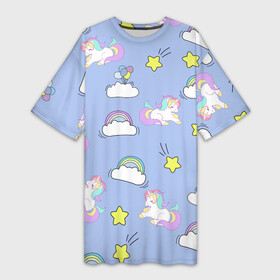 Платье-футболка 3D с принтом Единоржки и облака ,  |  | dabbing unicorn | unicorn | детская | единорог радуга | единорожек | звезда | круги | мило | облака | пижама | подарок | прикольные картинки | радуга | радужный единорог | шарики